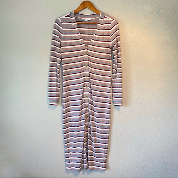 Loft Stripe Ribbed Button Down Long Sleeve Duster Cardigan Dress Size XXS - Picture 1 of 16